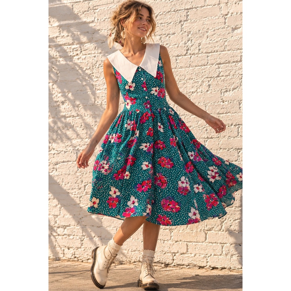 Vintage Robbie Bee Teal Floral Cotton Midi Dress White Collar Pockets Size 8